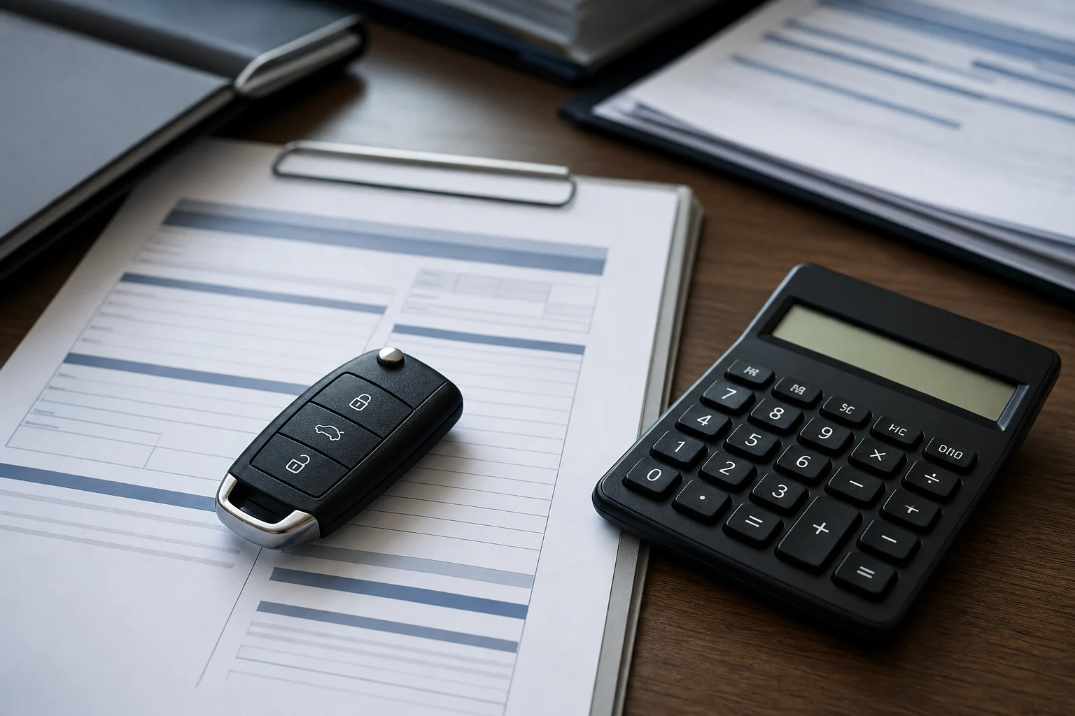 Llaves de coche, contratos de compra y alquiler, y una calculadora sobre una mesa.