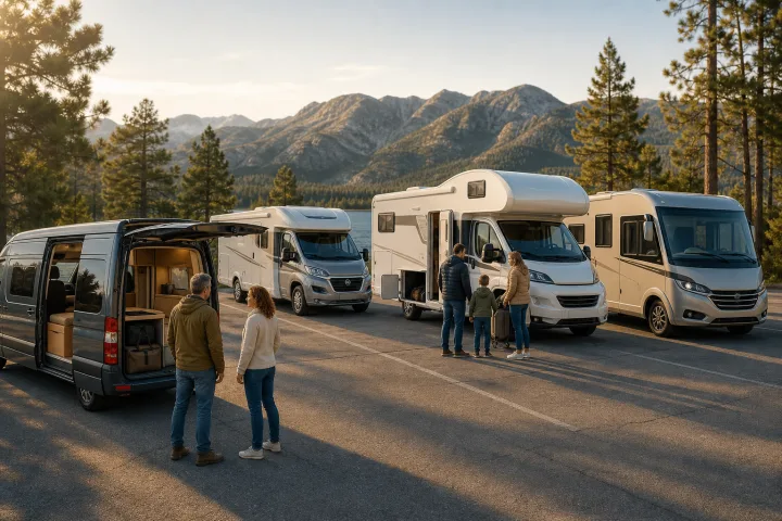 Cuatro vehículos recreativos de distintos formatos estacionados junto a una zona de viaje, con una pareja y una familia revisando sus distribuciones