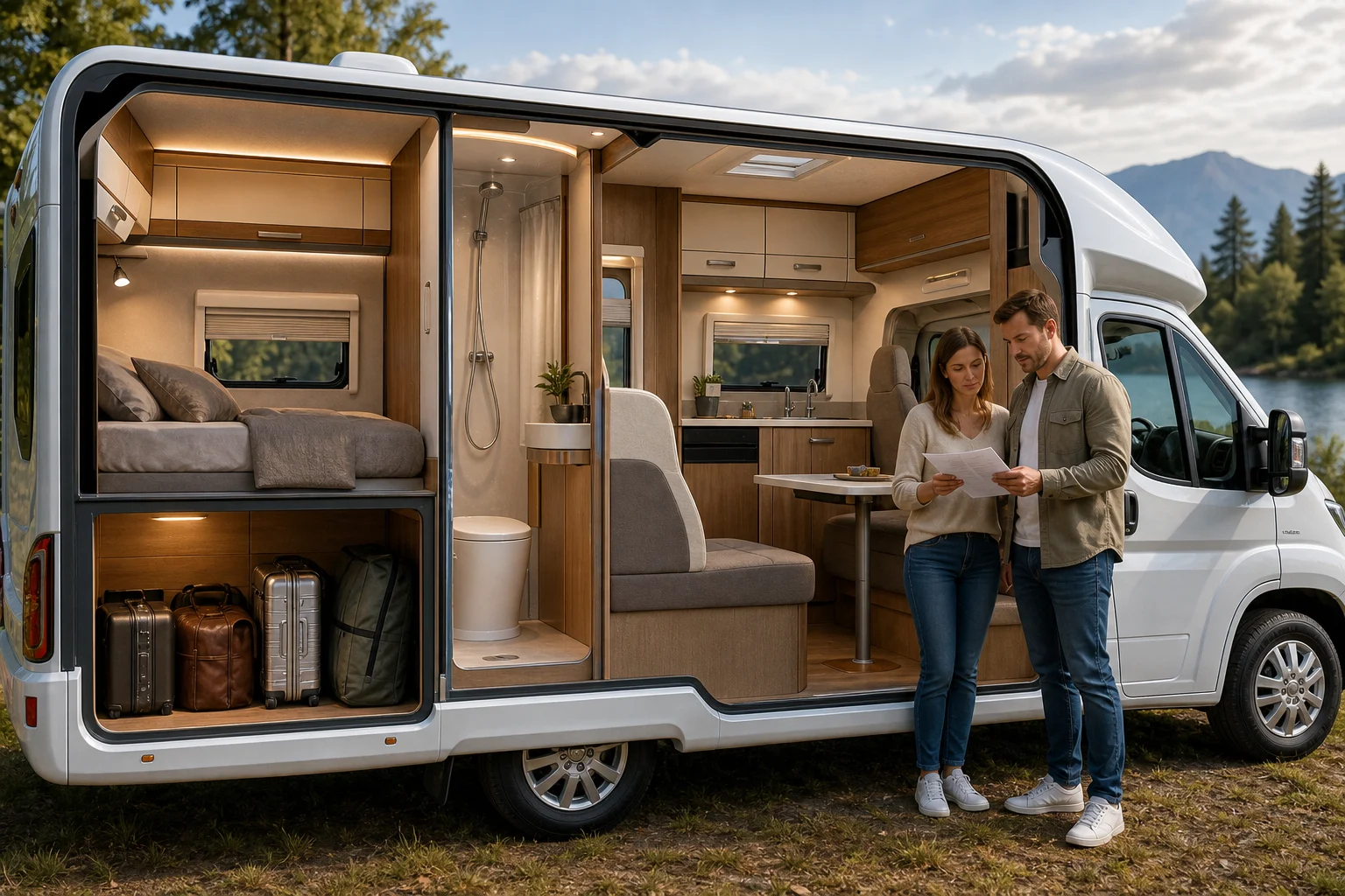Interior seccionado de una autocaravana con cama, salón, cocina, baño y equipaje mientras una pareja compara necesidades