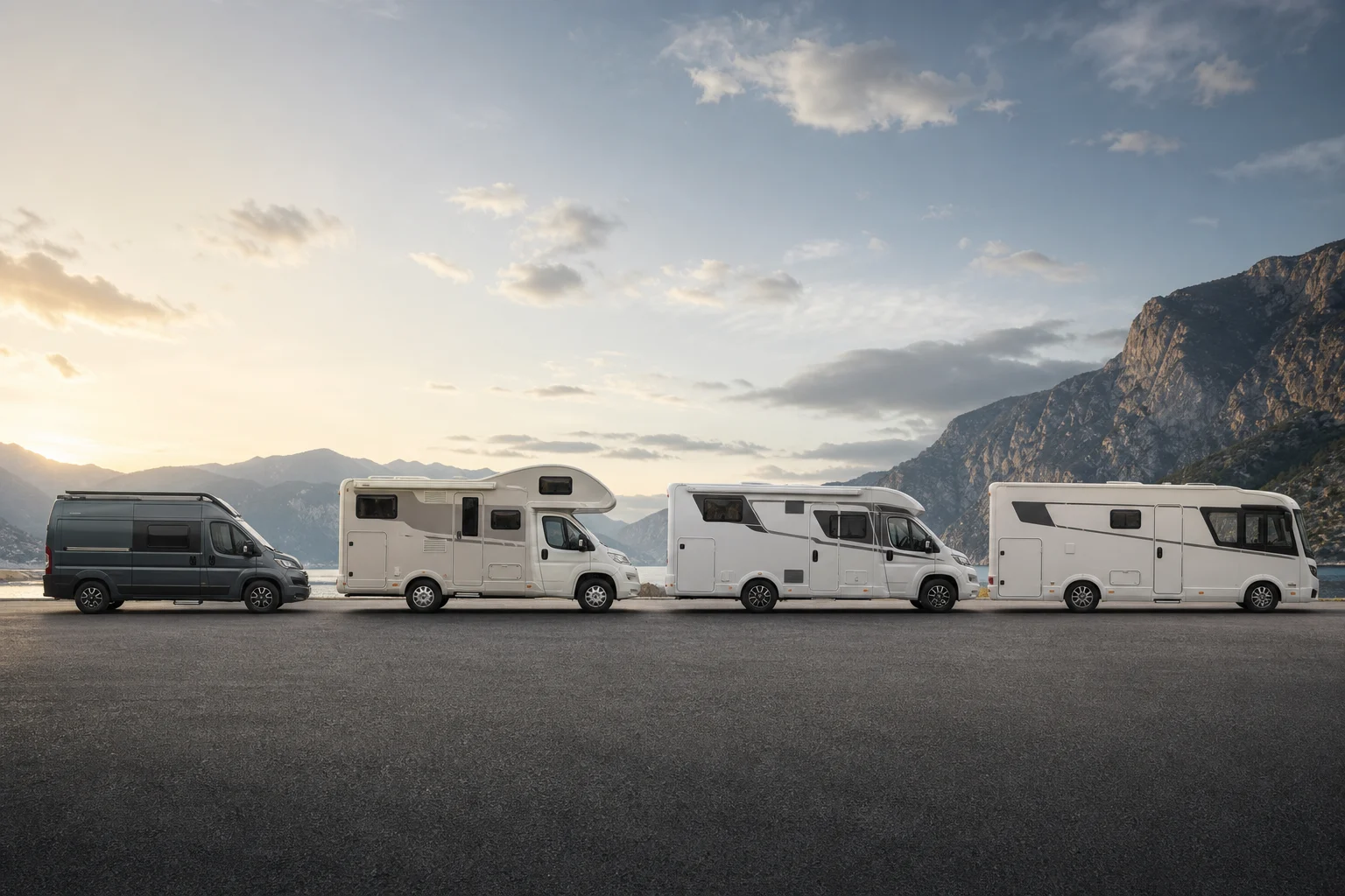 Siluetas laterales de una camper, una autocaravana capuchina, una perfilada y una integral