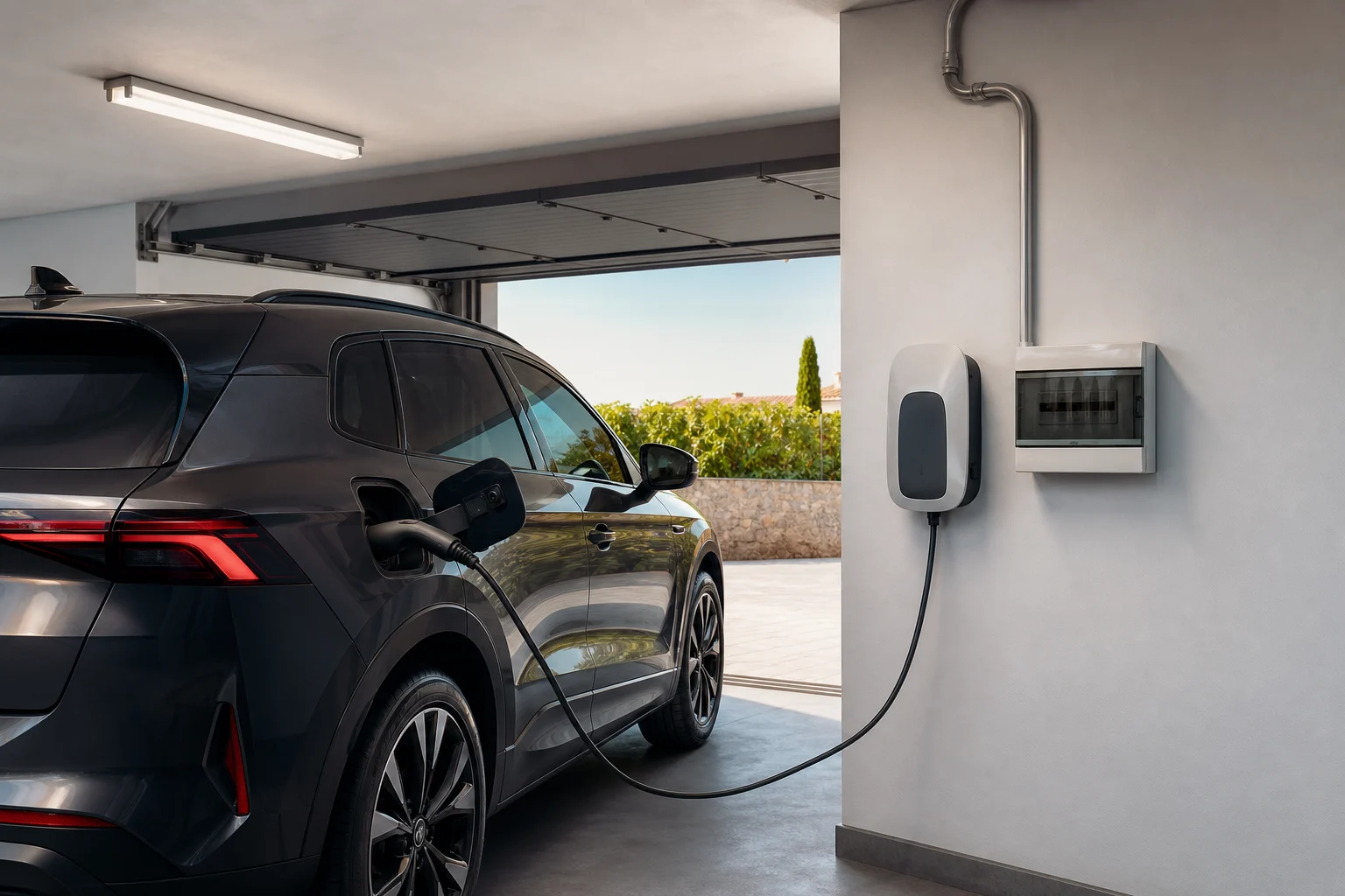 Coche eléctrico aparcado junto a un punto de recarga mural en un garaje residencial ordenado