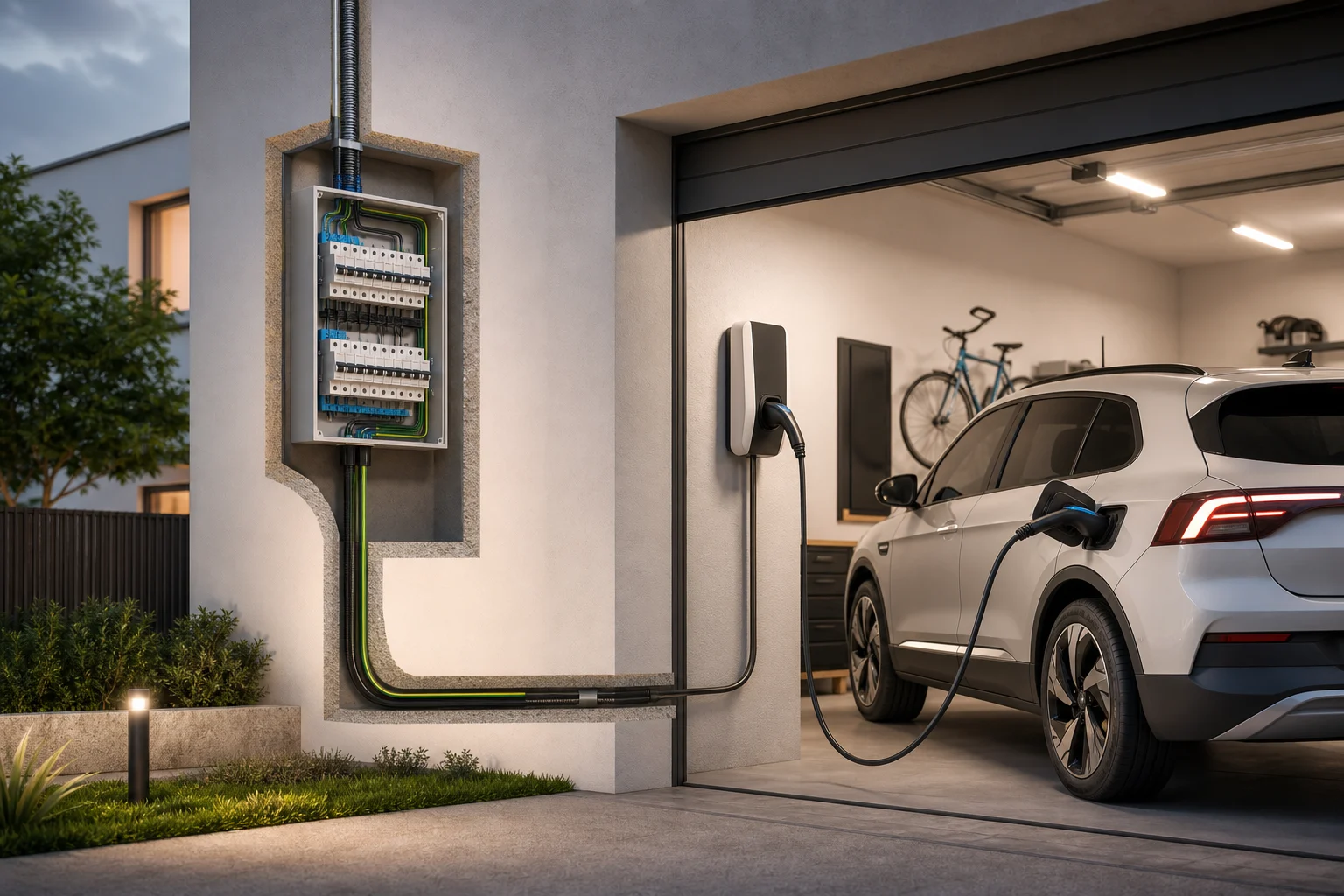 Esquema visual de una vivienda con garaje, cuadro eléctrico y punto de recarga conectado al coche