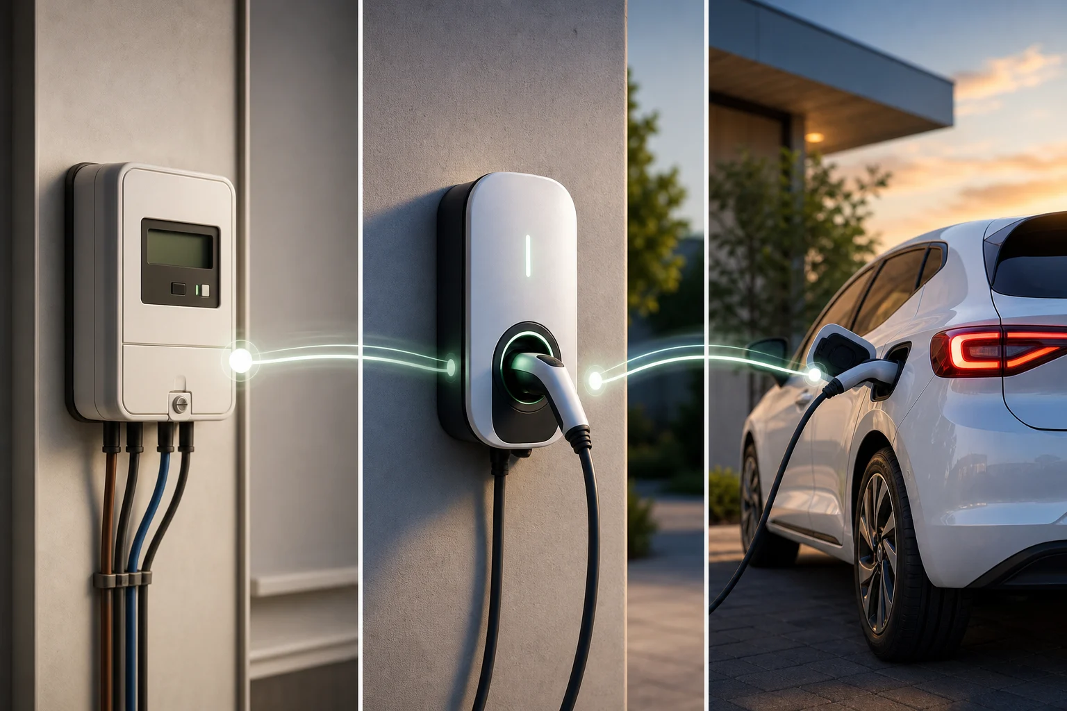 Contador de vivienda, punto de recarga mural y coche eléctrico representados como elementos diferentes