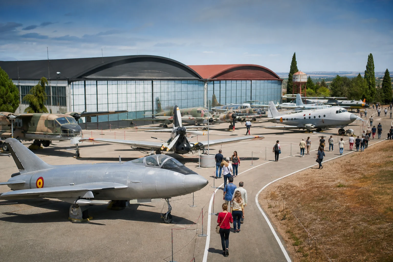Aeronaves históricas expuestas al aire libre junto a un hangar de museo aeronáutico