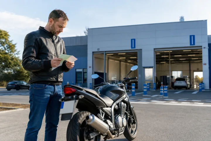 Motocicleta estacionada ante una estación de ITV con su tarjeta de inspección y permiso de circulación preparados