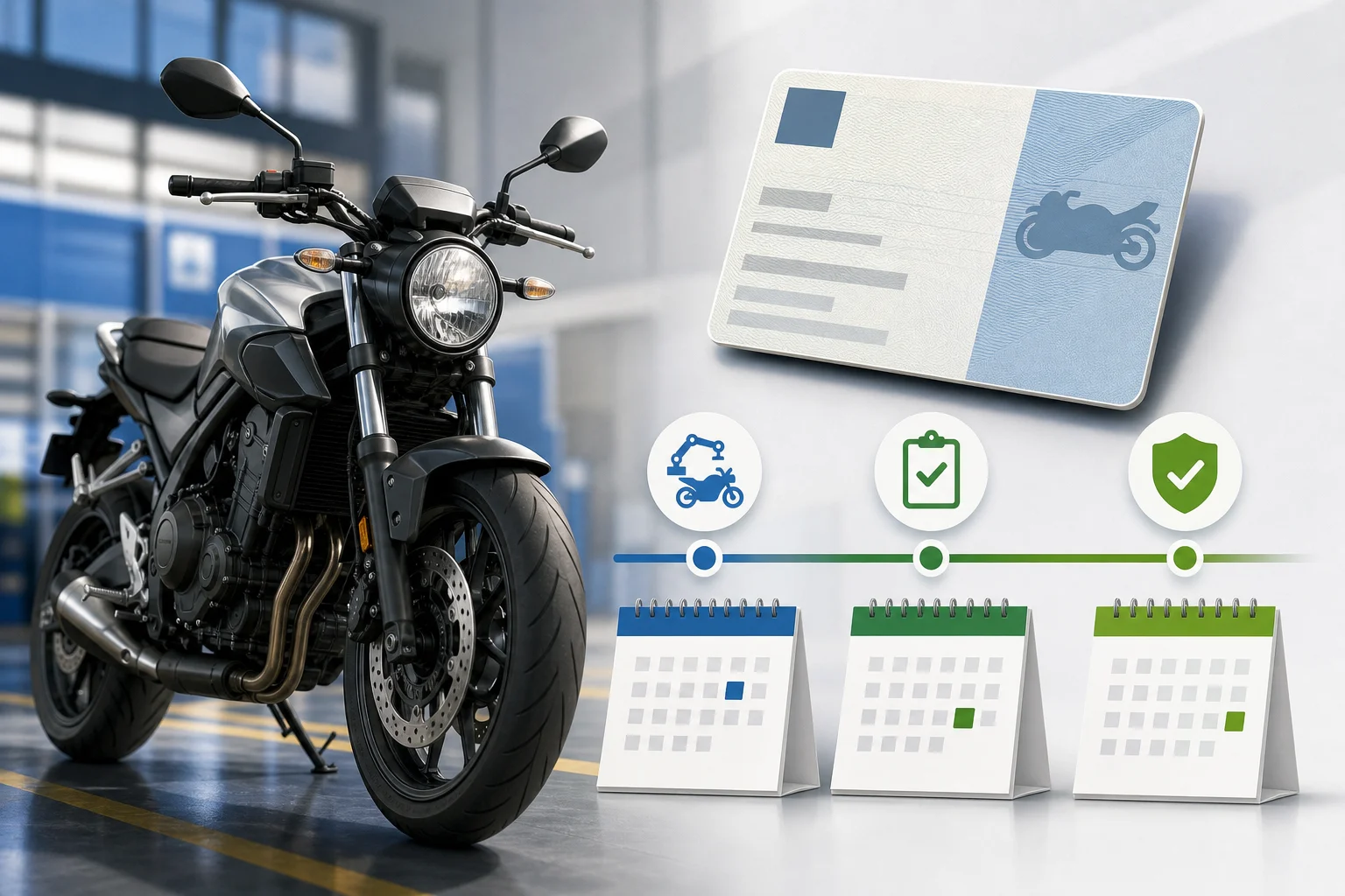 Motocicleta y calendario que diferencian la primera matriculación de la fecha de vigencia de la ITV