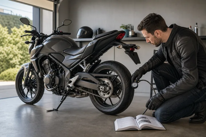 Motocicleta aparcada junto a un manómetro mientras un motorista consulta el manual del propietario.