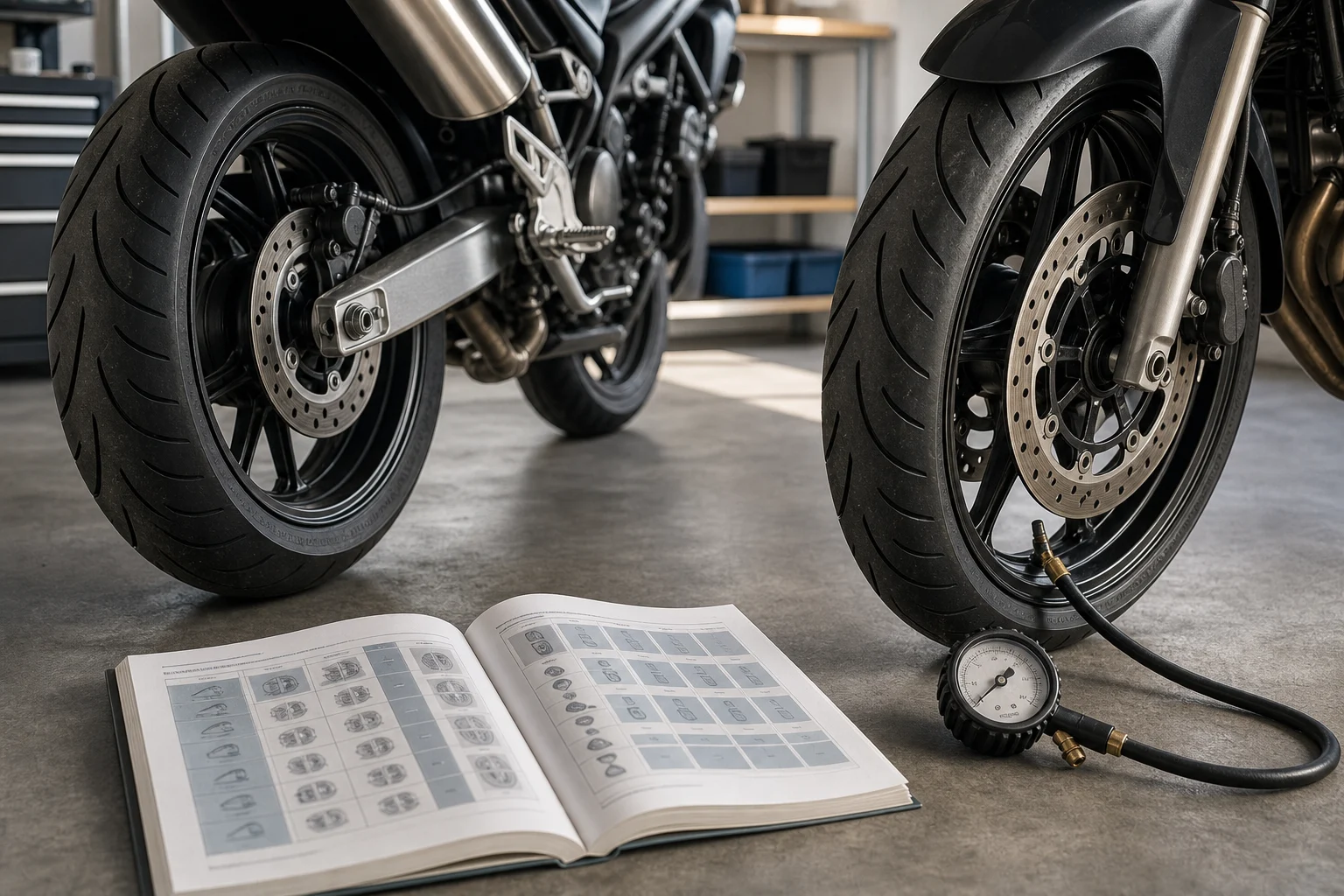 Ruedas delantera y trasera de una moto, un manómetro y un manual abierto sobre una mesa de garaje.