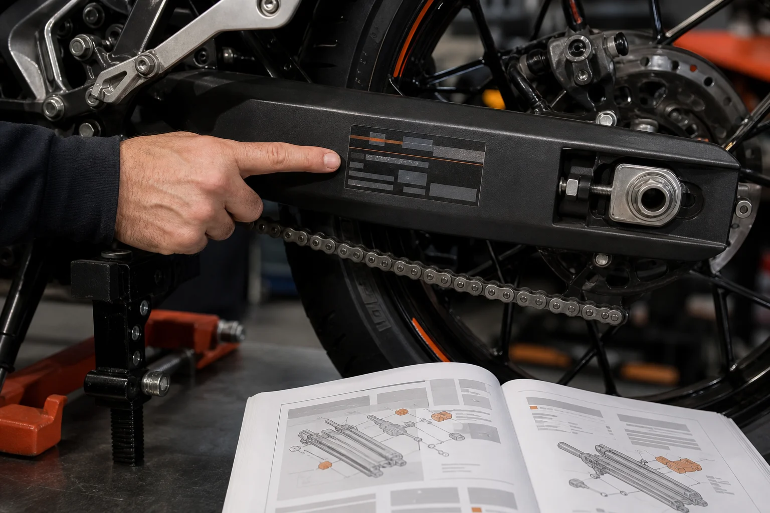 Detalle del basculante de una moto con un adhesivo técnico y el manual del propietario al lado.