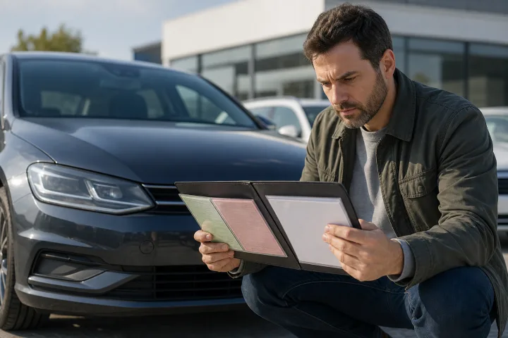Comprador comparando la documentación de un coche usado junto a un turismo aparcado