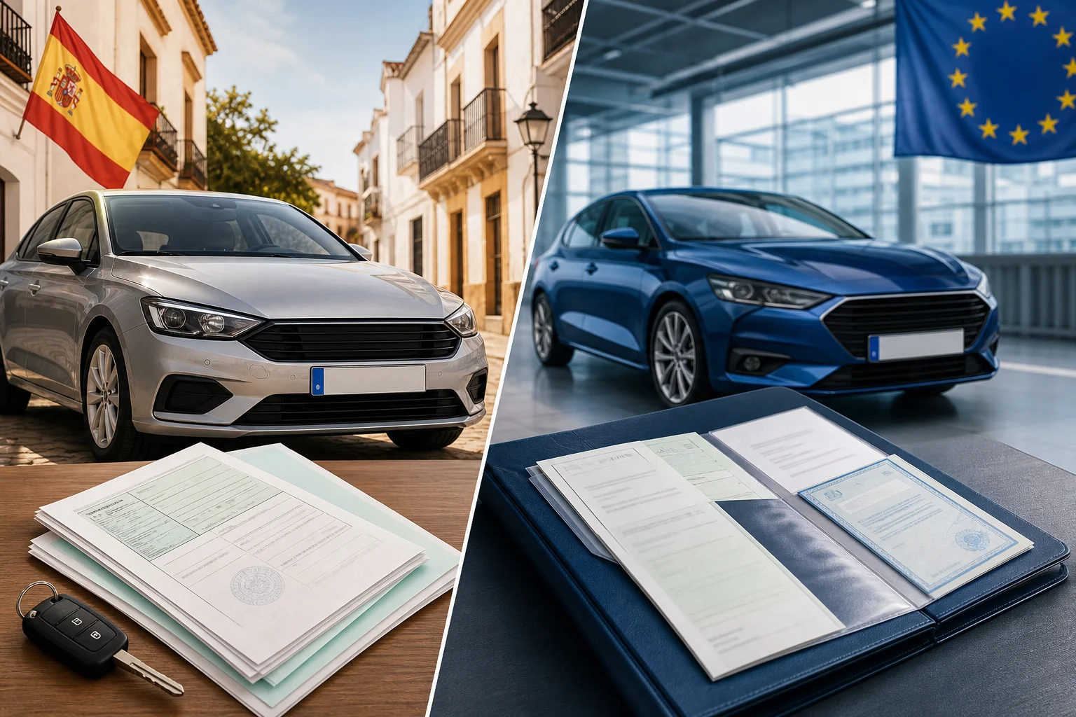 Comparación visual entre un coche ya matriculado en España y otro pendiente de matriculación