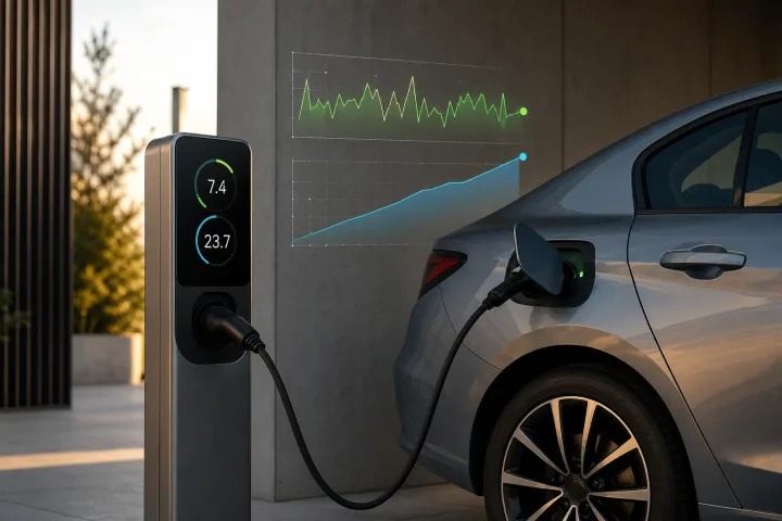 Coche eléctrico conectado a un punto de recarga mientras una pantalla muestra potencia en kW y energía en kWh