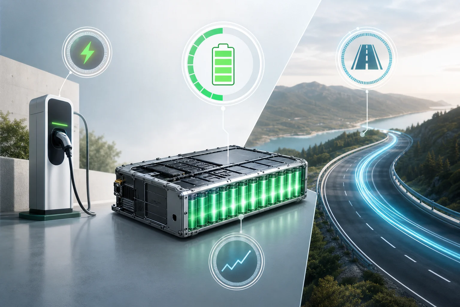 Infografía con una batería, un cargador y una carretera que diferencia energía, potencia y consumo