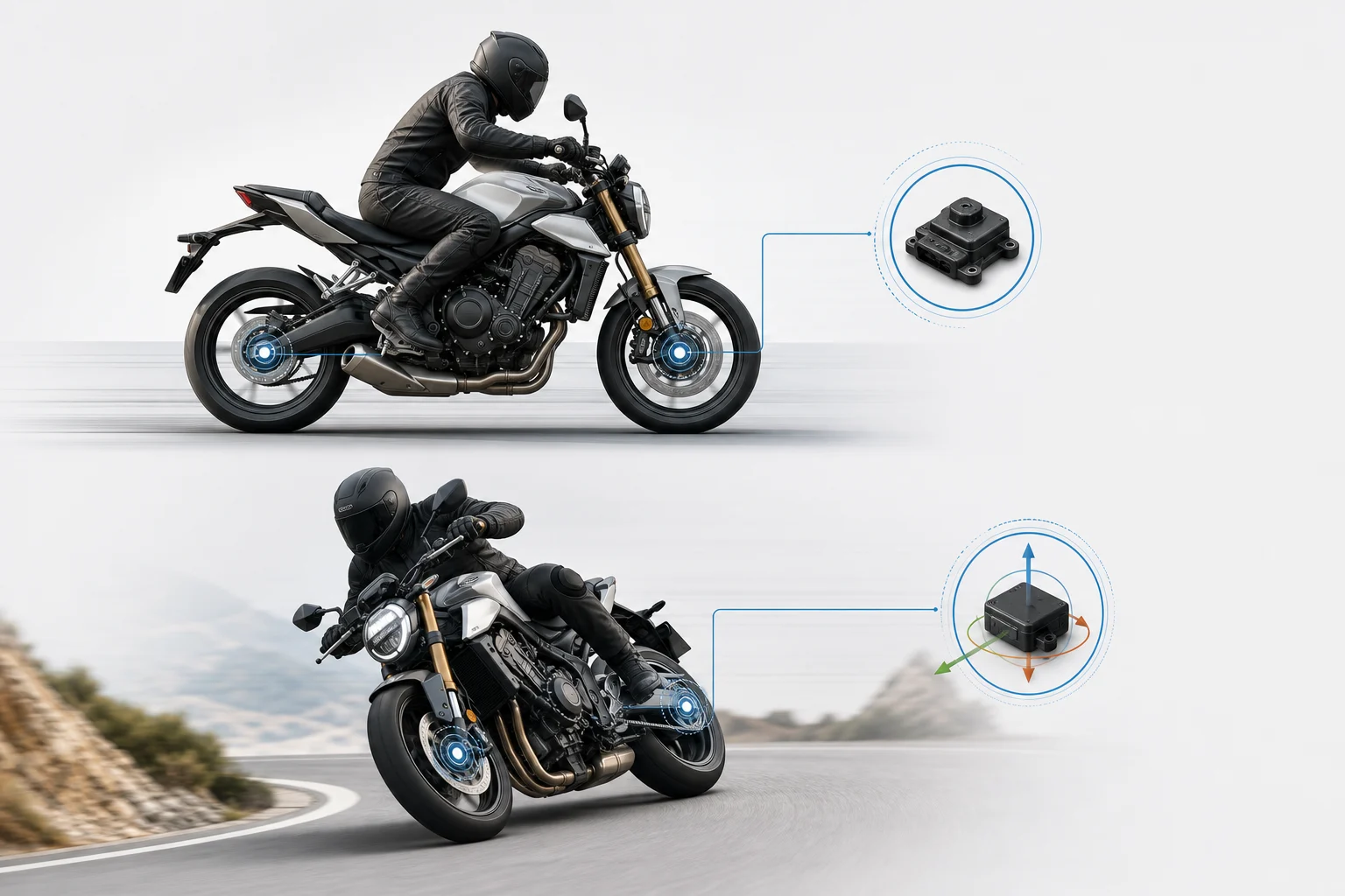Comparación visual entre una moto frenando recta y otra frenando inclinada, con sensores de rueda y unidad inercial representados