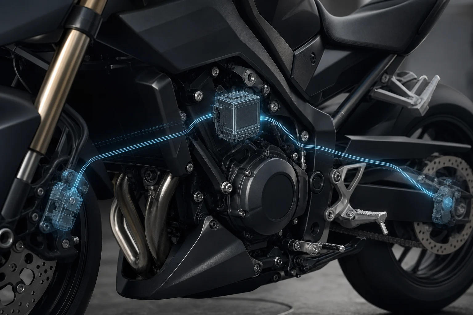 Representación conceptual de una unidad de medición inercial conectada a los frenos de una motocicleta