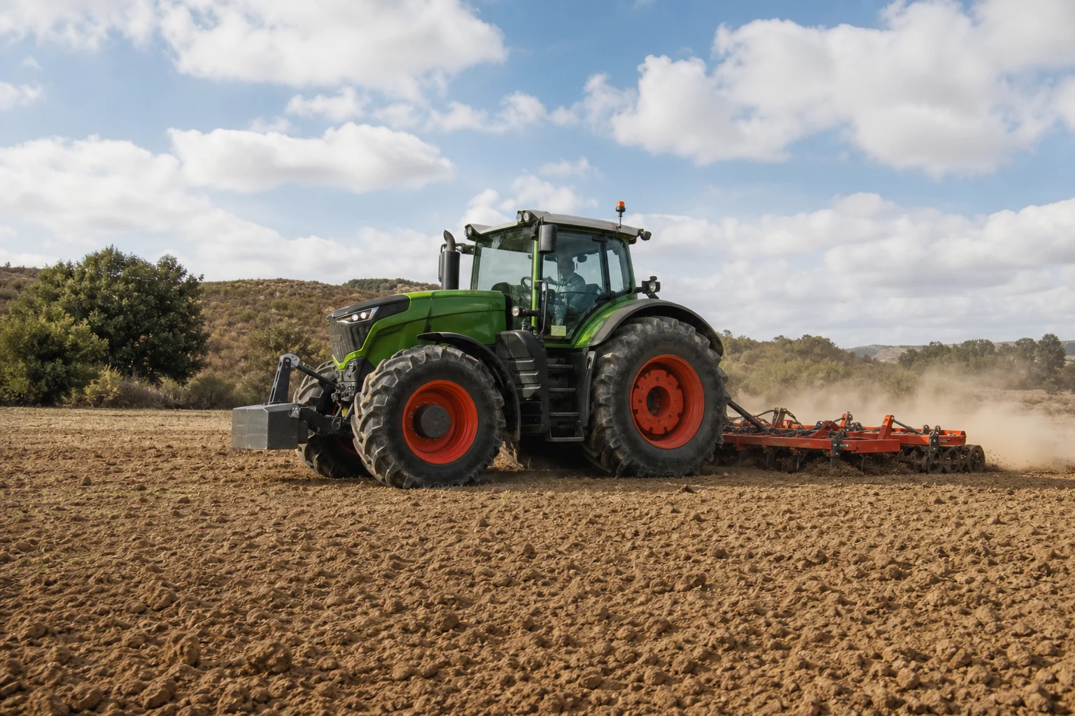 Tractor agrícola trabajando con un apero en una parcela de cultivo
