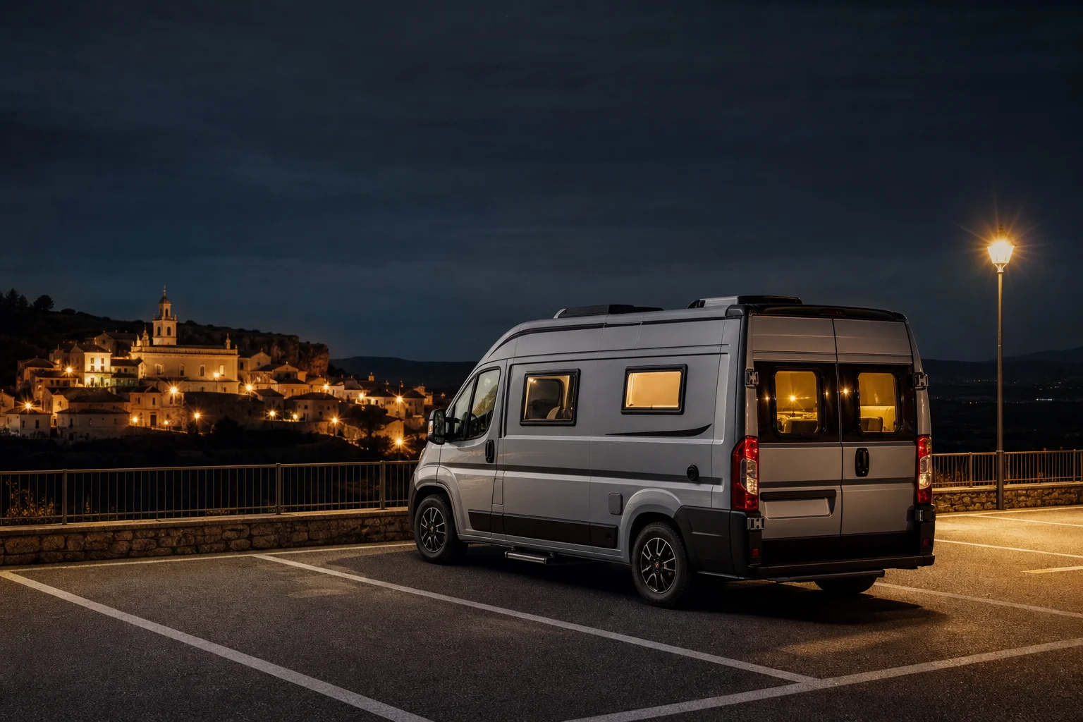 Camper estacionada de noche en una plaza delimitada, sin mobiliario ni objetos fuera del vehículo