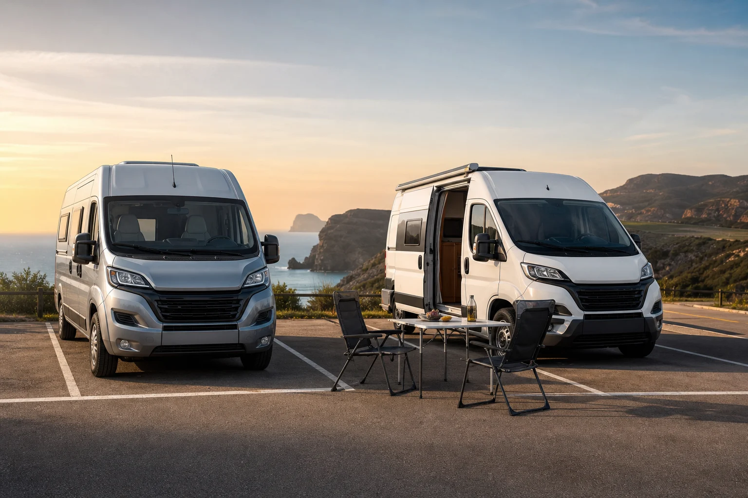 Dos campers estacionadas, una sin elementos exteriores y otra con mesa y sillas desplegadas