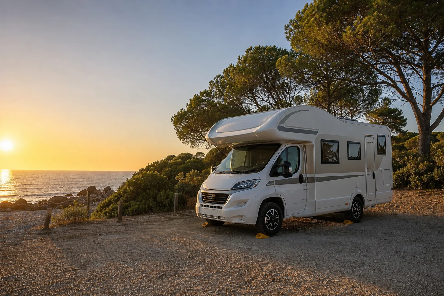 Autocaravana estacionada sobre sus neumáticos con cuñas de seguridad y sin elementos exteriores
