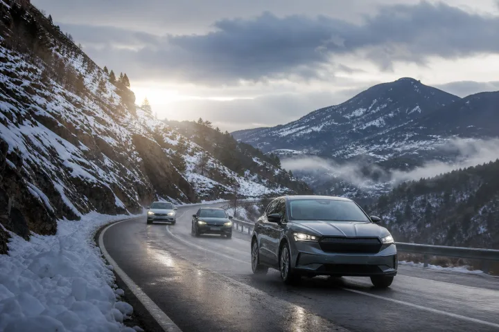 Tres coches circulando por una carretera de montaña húmeda, uno de ellos con nieve en los márgenes