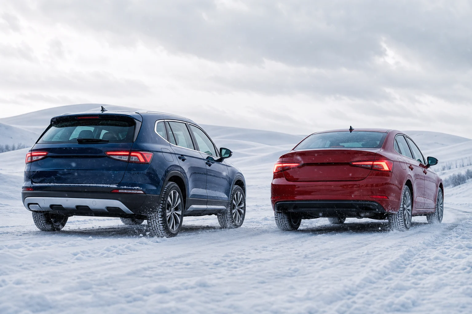 SUV y turismo avanzando sobre una carretera nevada con neumáticos diferentes