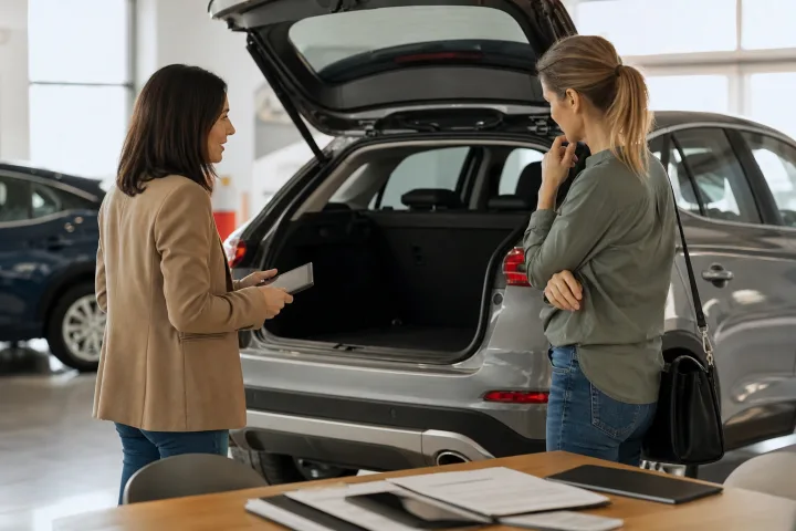Comprador revisando la documentación y el exterior de un coche usado con una profesional independiente
