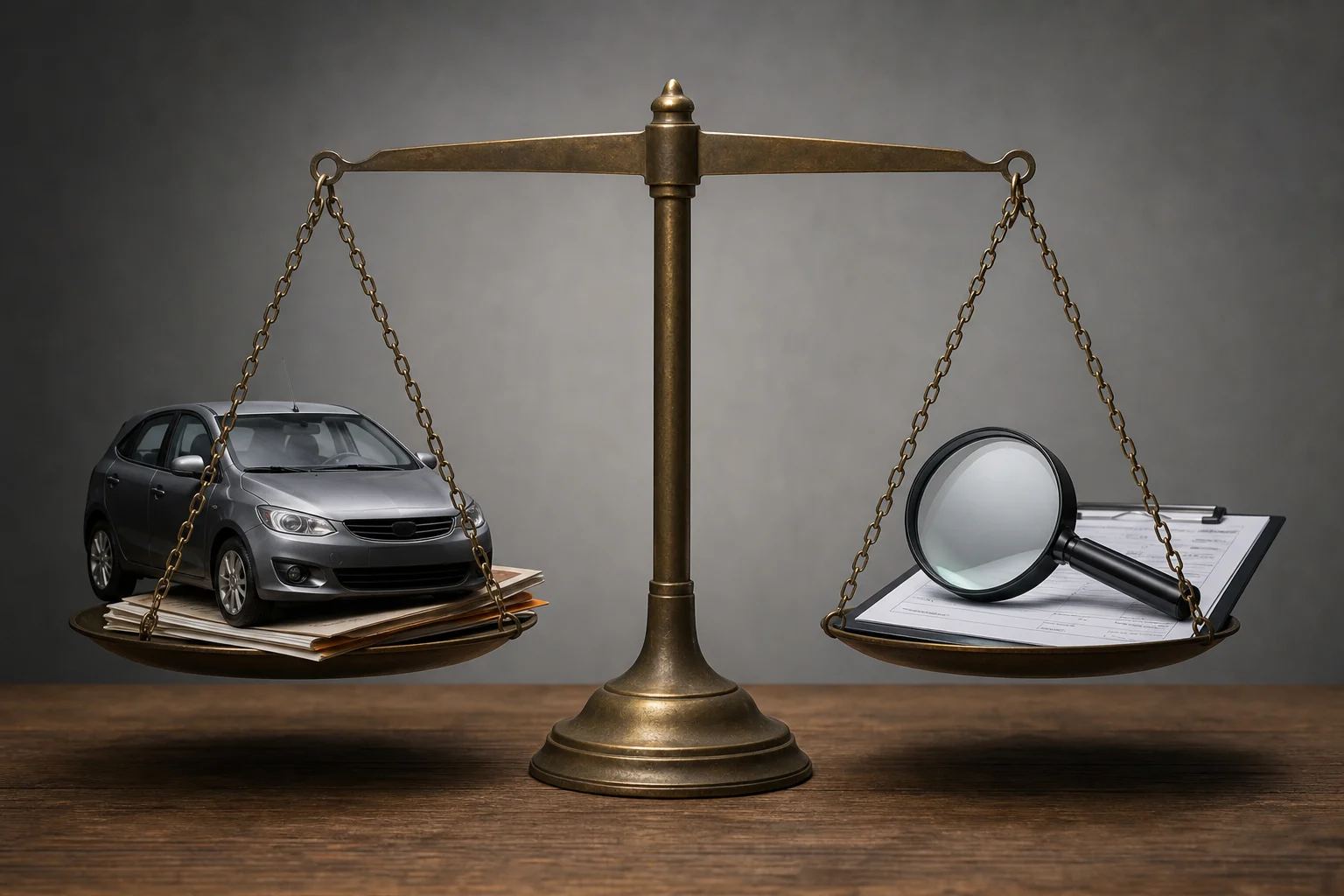 Balanza conceptual entre el riesgo de comprar un coche usado y el coste de revisarlo