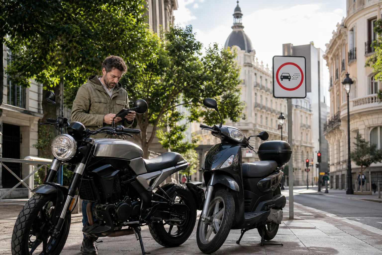Motocicleta y ciclomotor estacionados junto a una señal de zona urbana de bajas emisiones