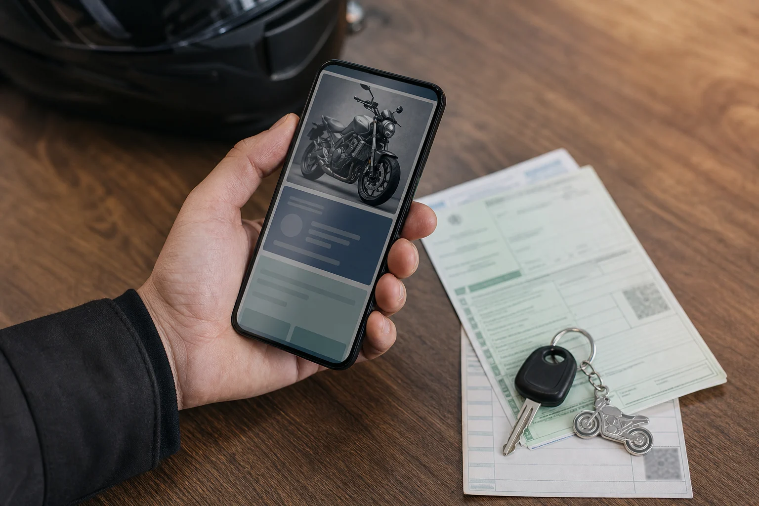 Consulta digital de una motocicleta junto a su permiso de circulación y ficha técnica