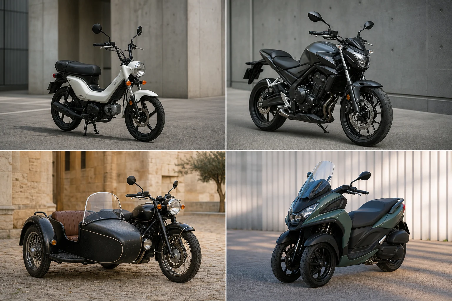 Ciclomotor, motocicleta, motocicleta con sidecar y vehículo de tres ruedas estacionados