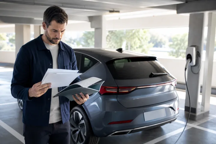 Comprador revisando documentos de un coche eléctrico usado junto al vehículo y un punto de recarga