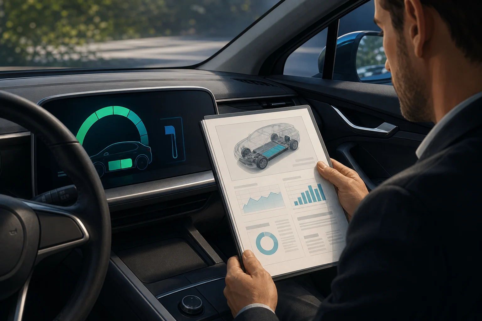 Pantalla de carga de un coche eléctrico junto a un informe técnico