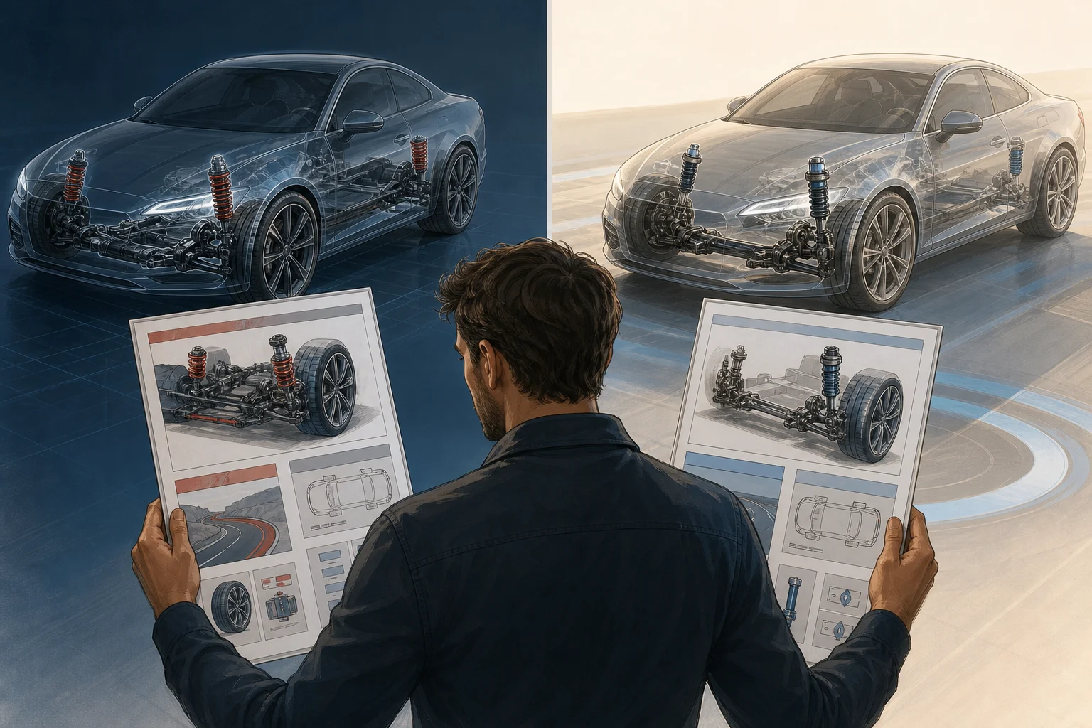 Fahrer vergleicht in den Datenblättern zweier generischer Autos zwei Fahrwerkskonfigurationen.