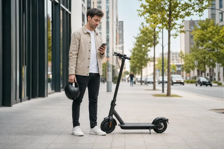 Person neben einem abgestellten E-Scooter, die auf dem Smartphone die Fahrzeugunterlagen und Versicherung prüft.