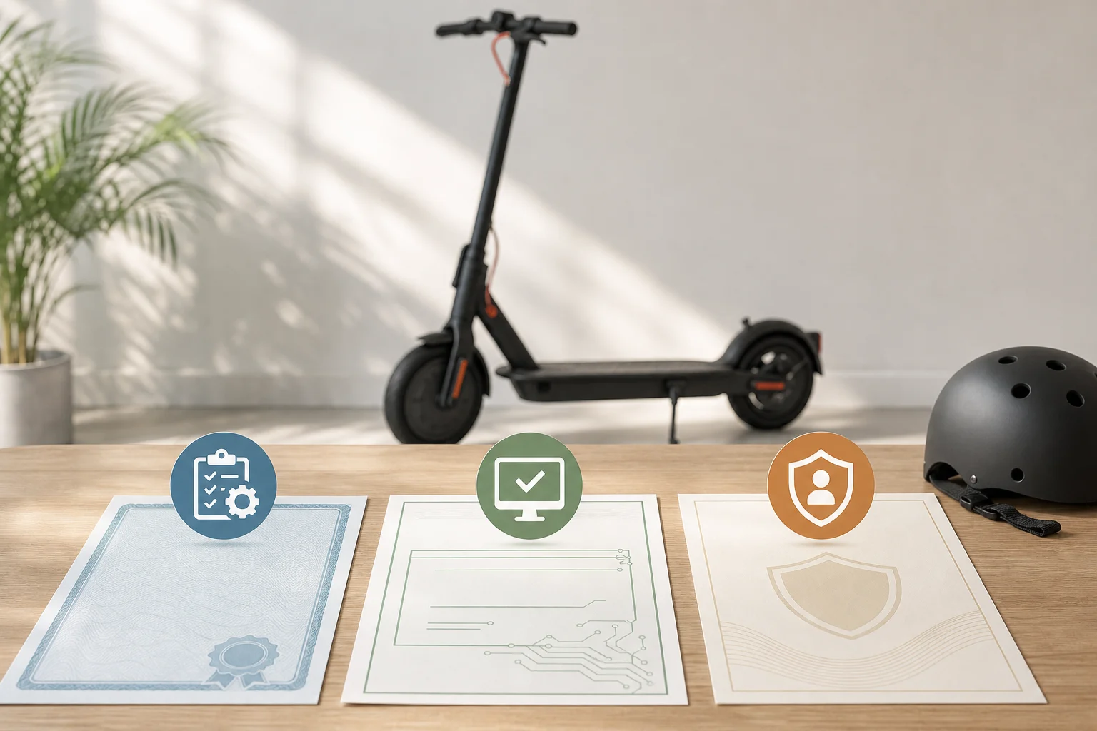 Electric scooter beside documents representing certification, registration and insurance.