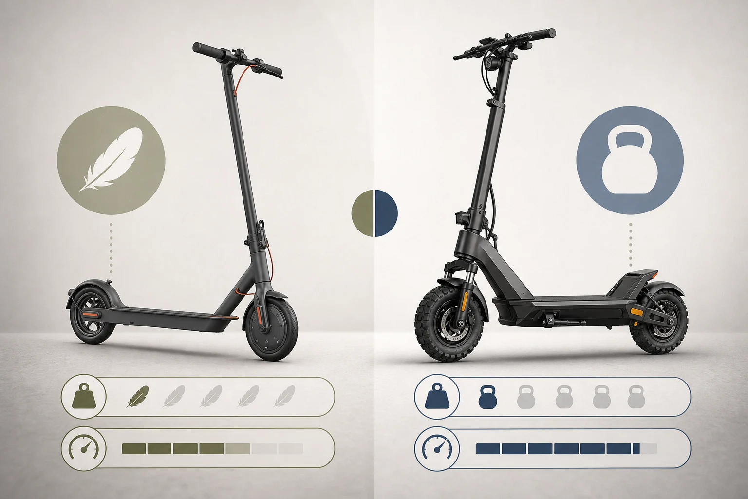 Visual comparison of a light electric scooter and a heavier one to explain their classification.