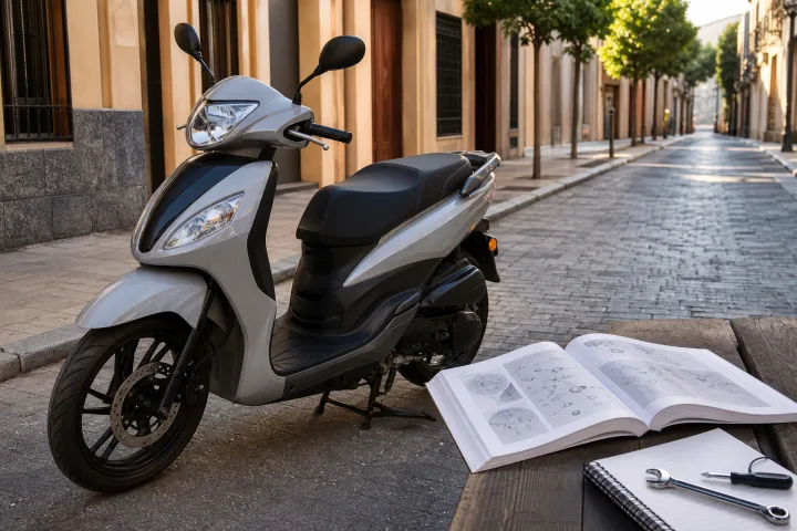 Automatikroller neben einem geöffneten Benutzerhandbuch und einem Wartungsheft geparkt