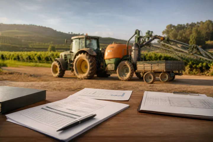 Tractor con remolque y pulverizador en una explotación agrícola española junto a documentación técnica