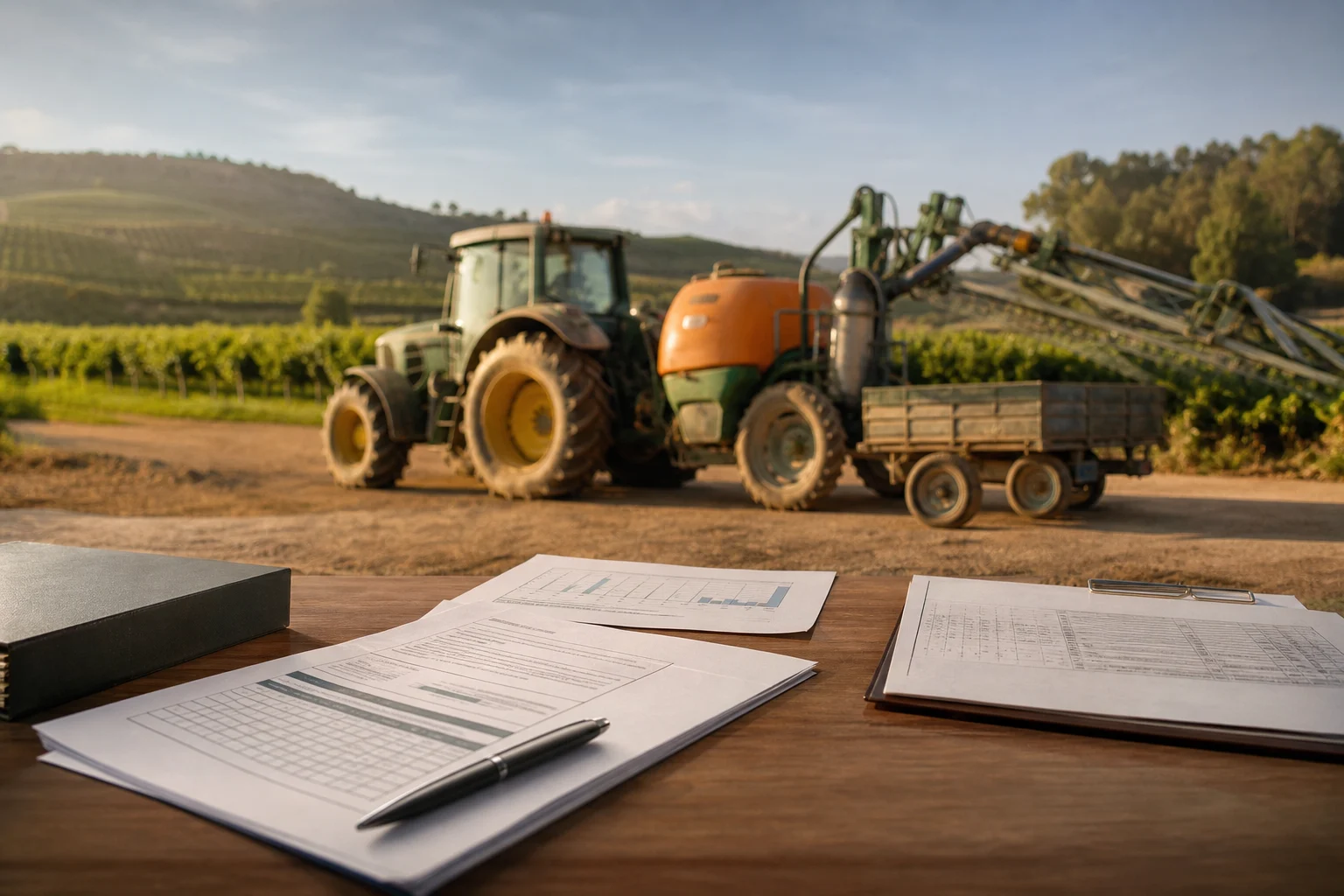 Tractor con remolque y pulverizador en una explotación agrícola española junto a documentación técnica