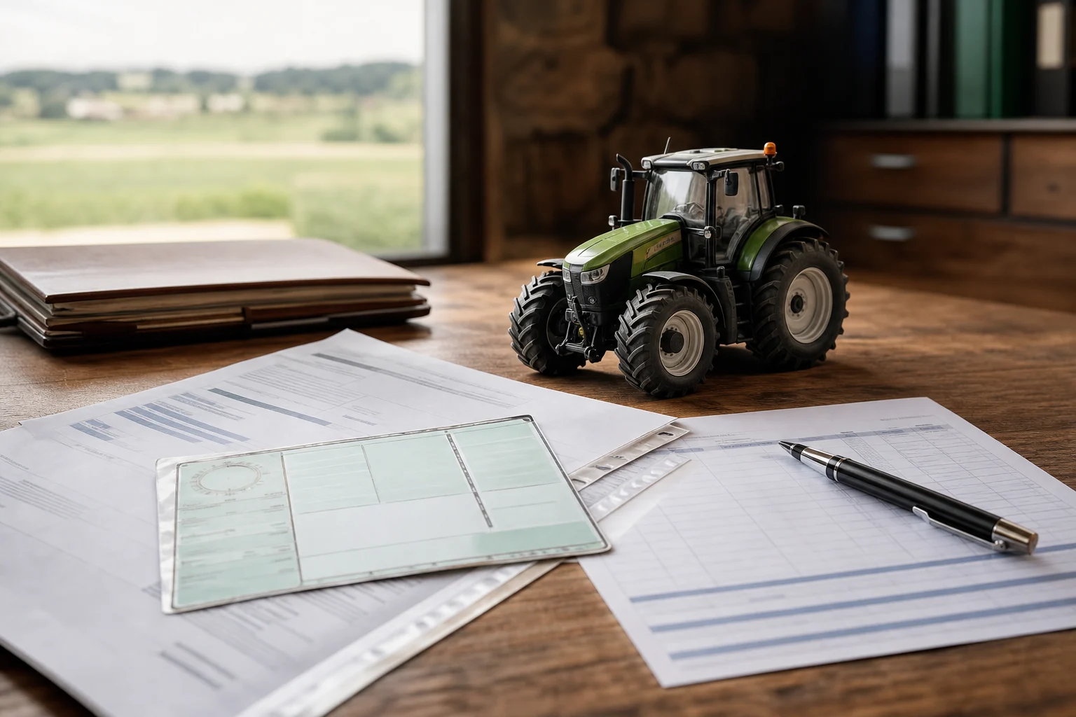 Documentos técnicos, tarjeta ITV y factura junto a una maqueta de tractor sobre una mesa