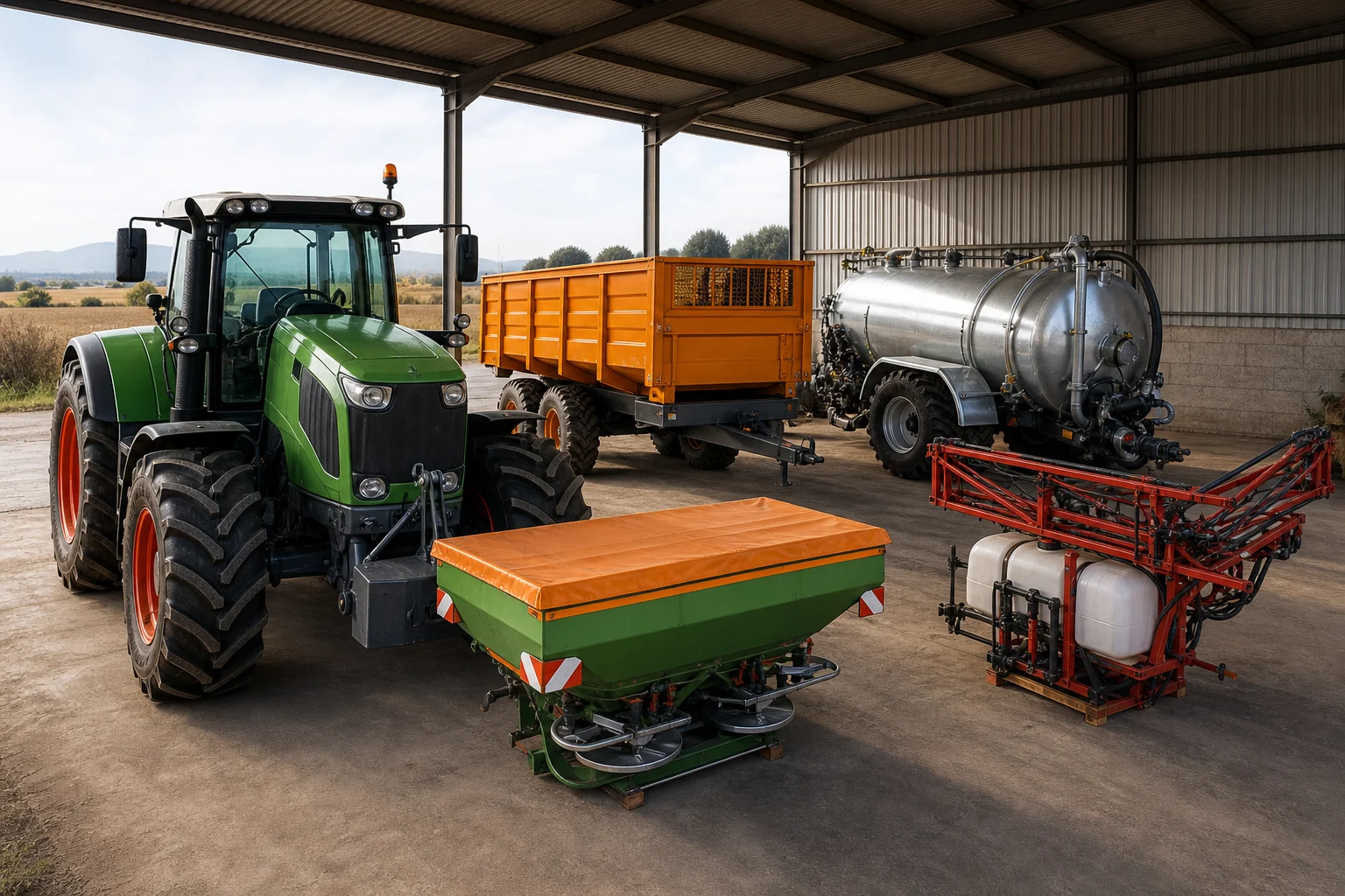 Tractor, remolque, cisterna, abonadora y pulverizador agrícola en una nave