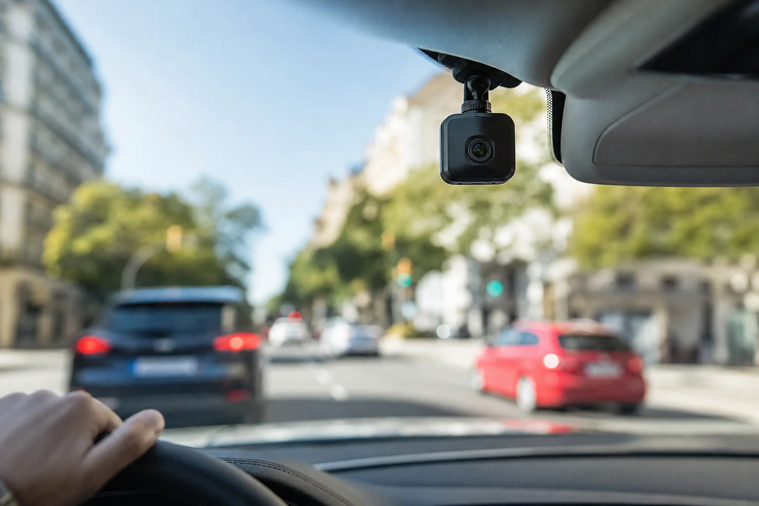 Caméra compacte installée derrière le pare-brise d’une voiture, orientée vers la route sans données lisibles