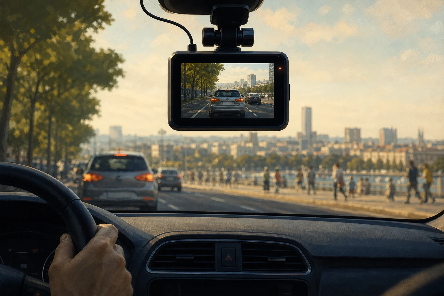 Dashcam orientée vers la voie de circulation et le trafic proche