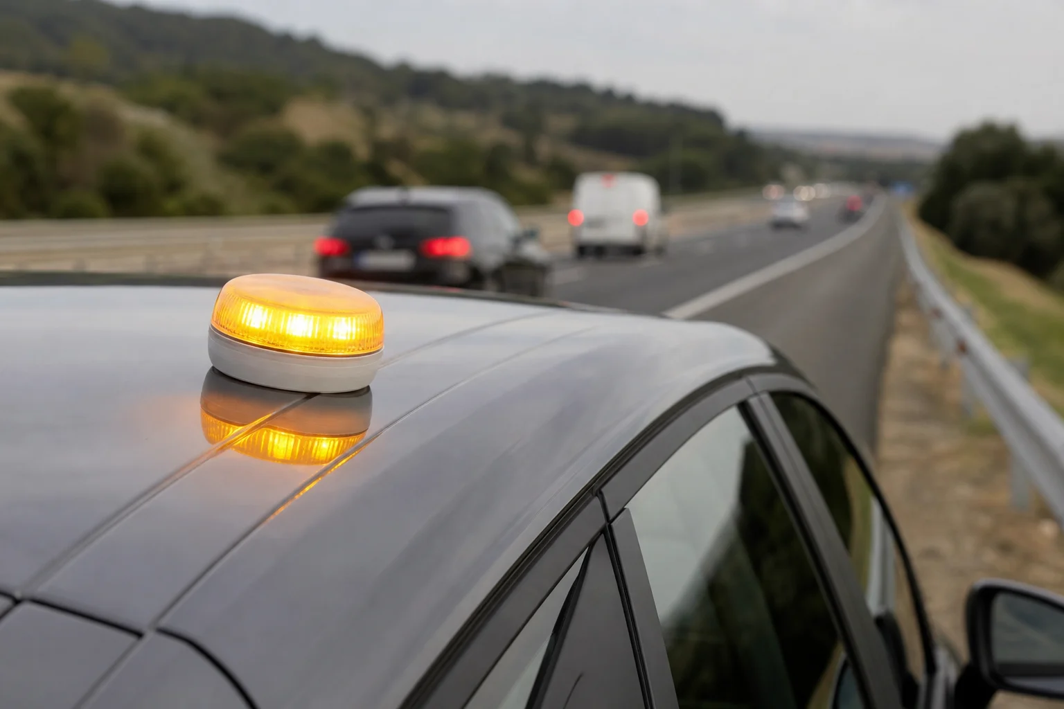 Yellow connected V-16 beacon placed on the roof of a car stopped on the hard shoulder