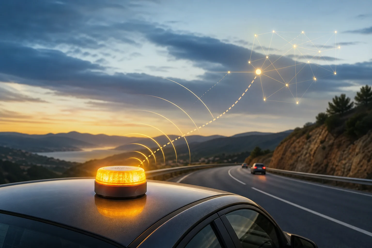 Connected V-16 beacon sending the immobilised vehicle’s location to the traffic network