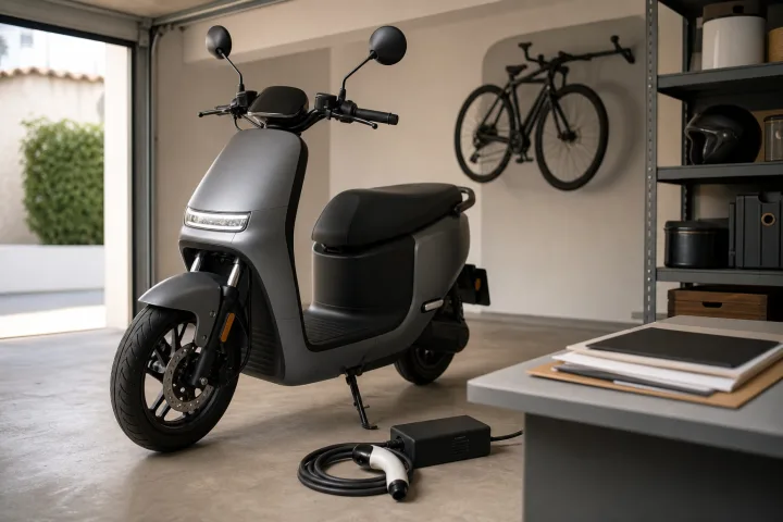 Elektromotorrad neben einer Ladestation in einer Wohngarage