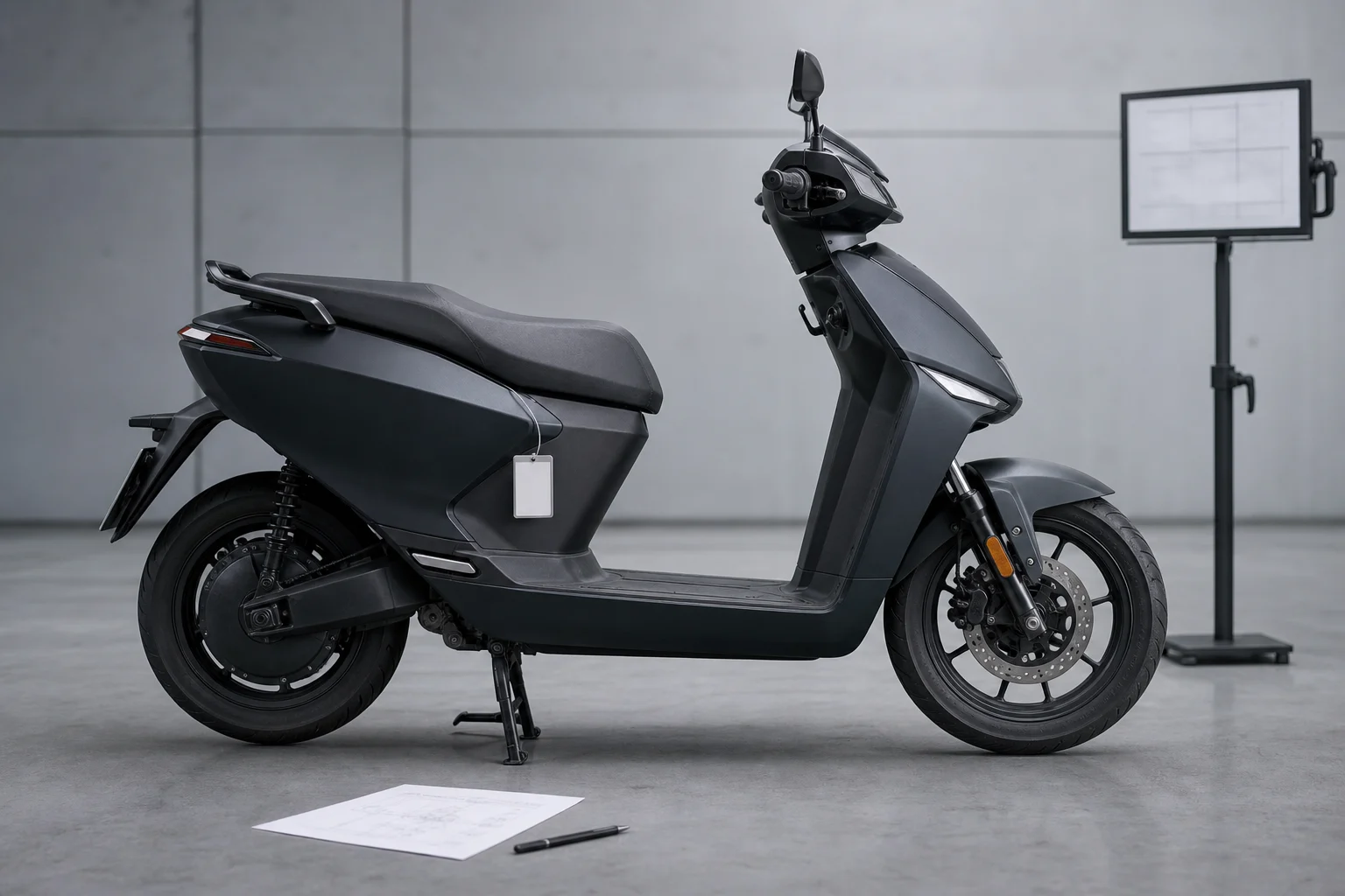 Gebrauchtes Elektromotorrad neben technischen Unterlagen zur Überprüfung seiner Identifizierung