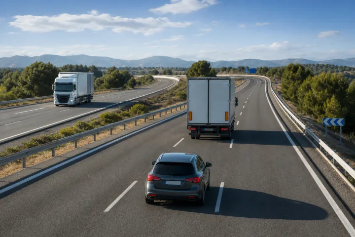 Passenger car keeping its distance behind a truck on a multi-lane road