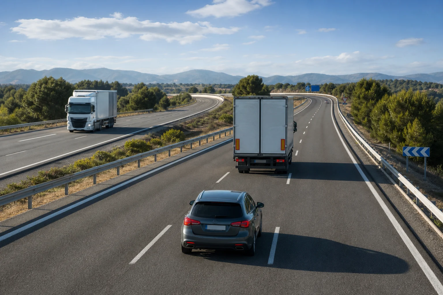 Passenger car keeping its distance behind a truck on a multi-lane road