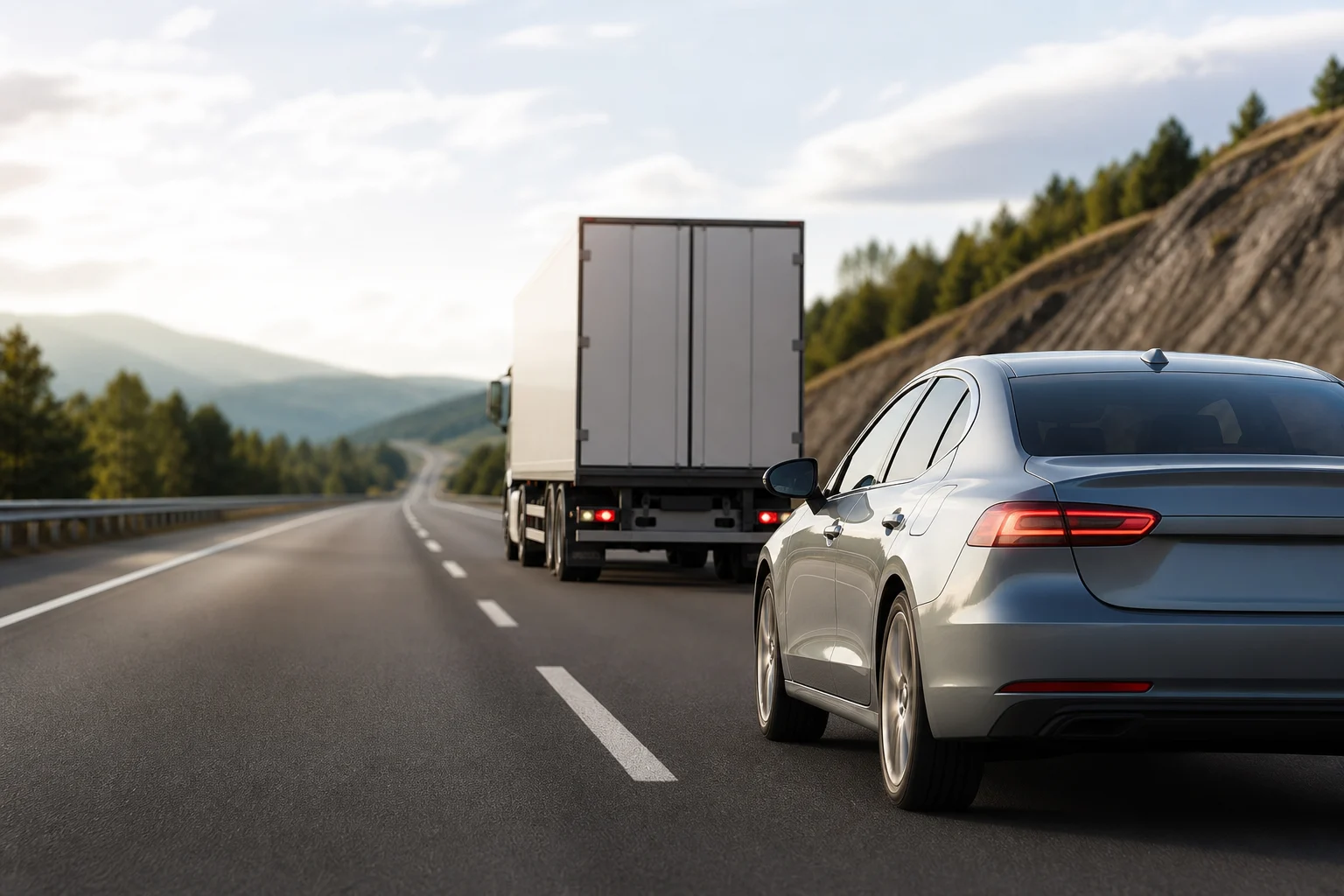 Passenger car separated from a truck to retain visibility of the road